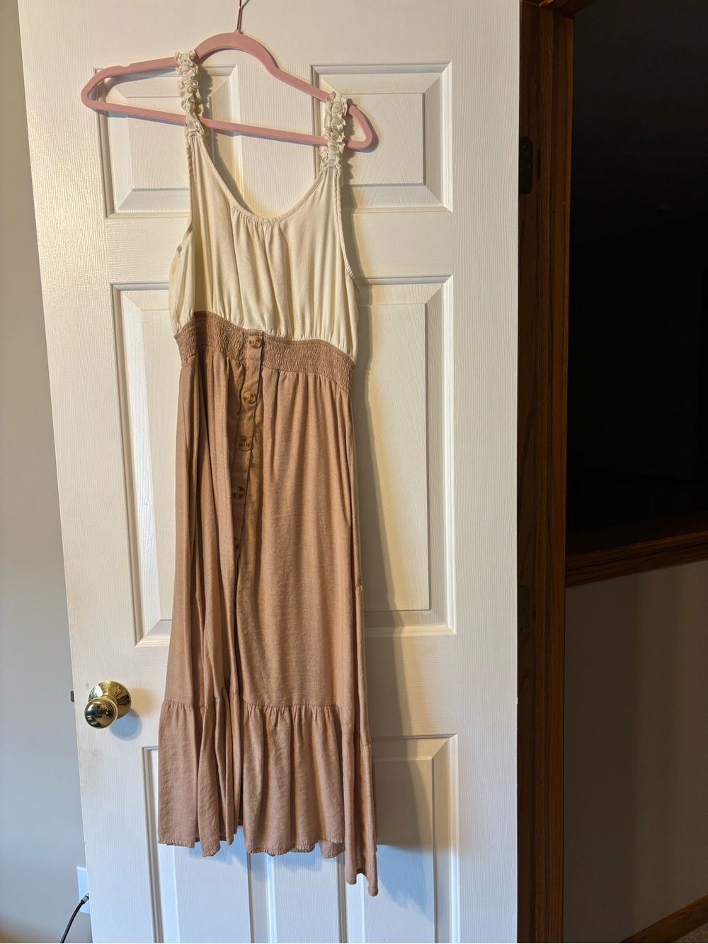 Boho Two-Tone Cream and Tan Maxi Dress with Button Front